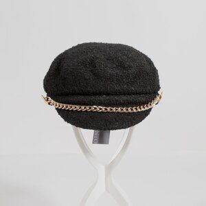 Scala Pronto Black Bouclé Fisherman Cap with Gold Chain NWT